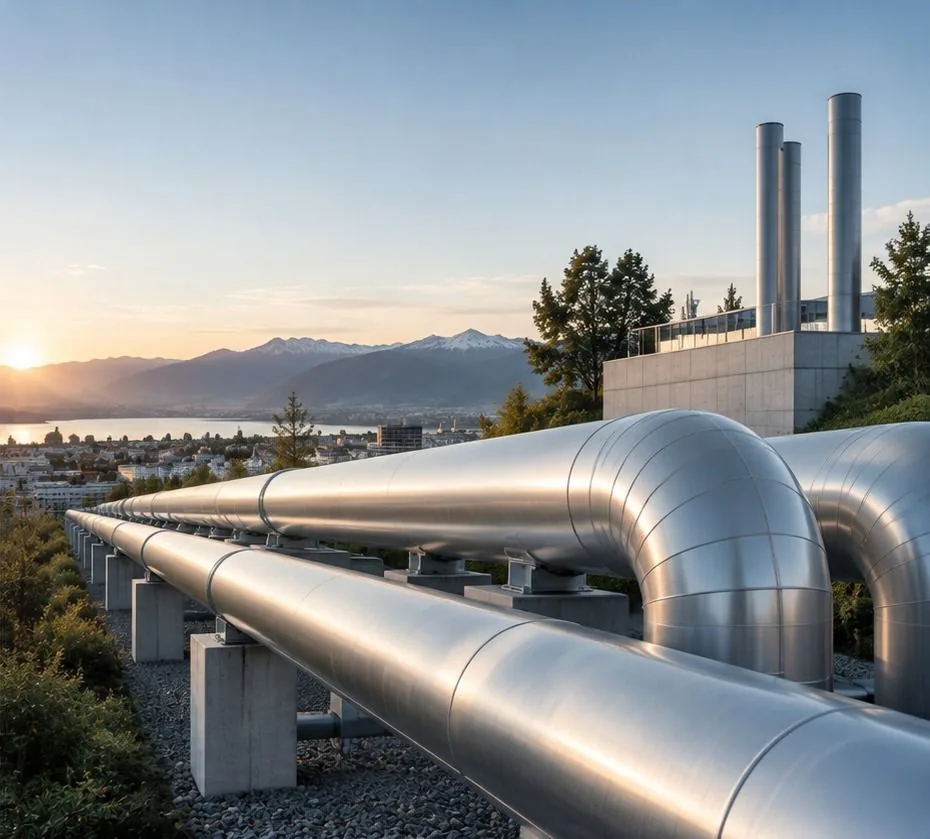 Grosse Rohrleitungen einer Energieanlage mit Blick auf See und Berge bei Sonnenuntergang